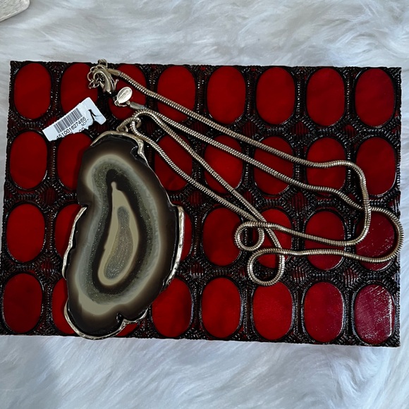 NEW Chico’s Sliced Agate + Gold Floating Pendant Long 20” Necklace Brown Tan NWT - Picture 11 of 16